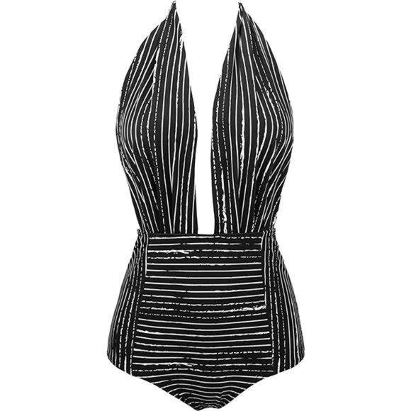 Women's Retro One Piece Backless Bather Swimsuit High Waisted Pin Up Swimwear - Picture 1 of 4